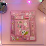 ست لوازم تحریر خرگوش صورتی مجموعه 5 عددی دفترچه، خط کش، مداد، تراش و پاک کن