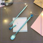 روان نویس آبی فانتزی طرح قاشق و چنگال با تزئین الماس آبی