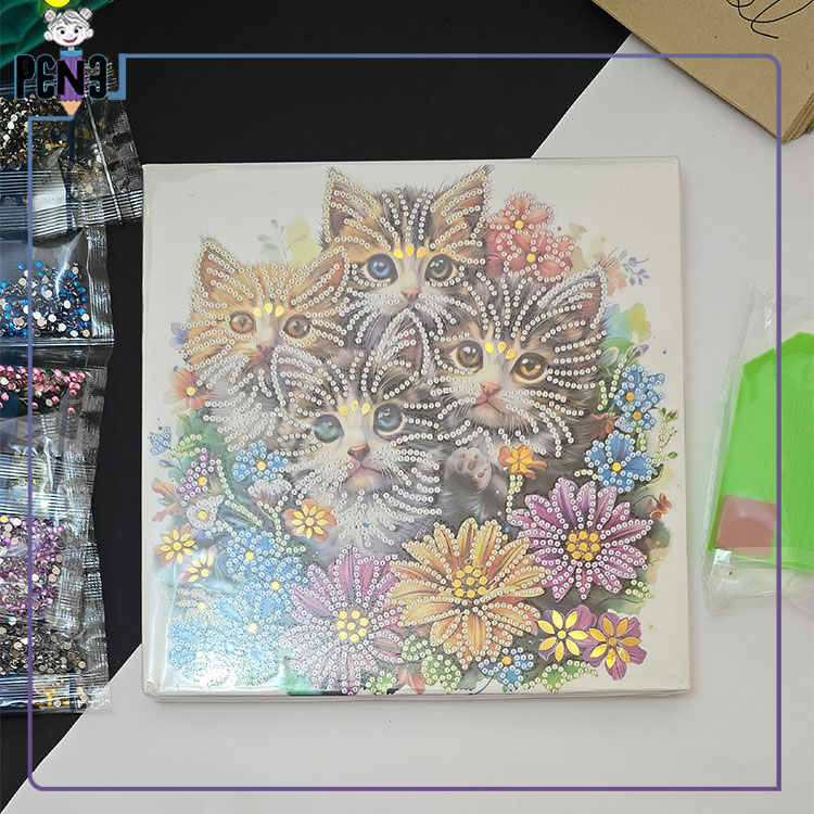نقاشی الماسی گربه نقاشی الماسی بومی 20*20 طلاکوب گربه و گل