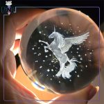 گوی کریستالی قطر 8 سانتی متر طرح اسب بالدار تک شاخ پایه چوبی